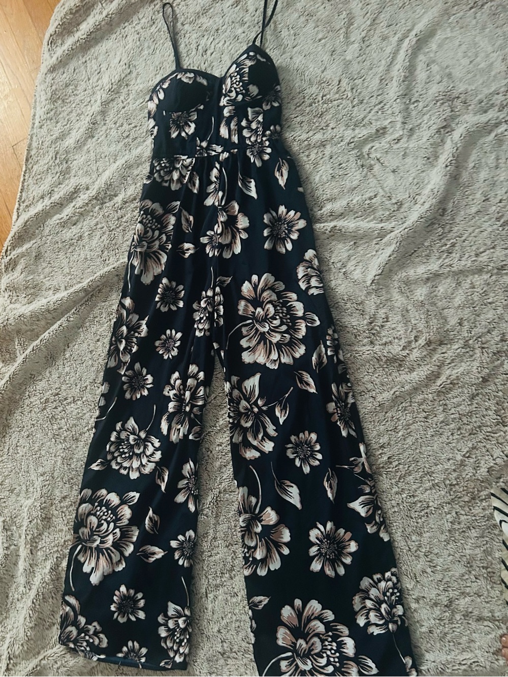 Smocked Floral Wide-Leg Jumpsuit in Black and Cream
